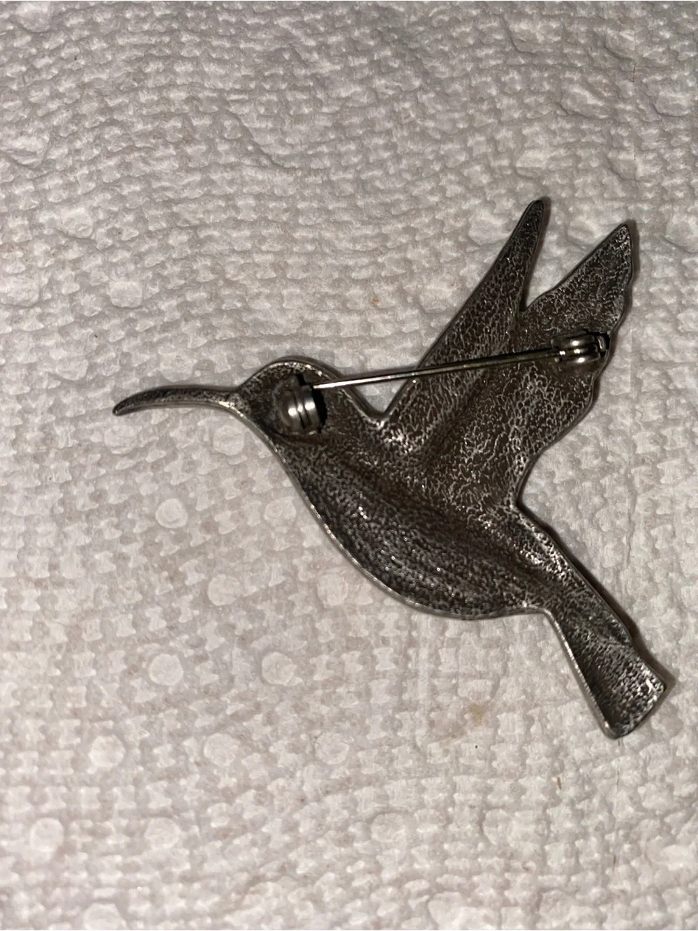 Vintage burgundy enamel, hummingbird. AB Rhinestone Silvertone pin.
